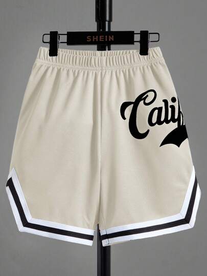SHEIN 青少年男孩宽松运动图案针织短裤，篮球短裤