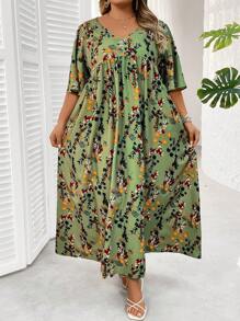 SHEIN CURVE+ 大码花卉印花休闲度假连衣裙夏季/乡村/海滩度假装/沙滩装/沙滩装 - 綠色 - 查看 5