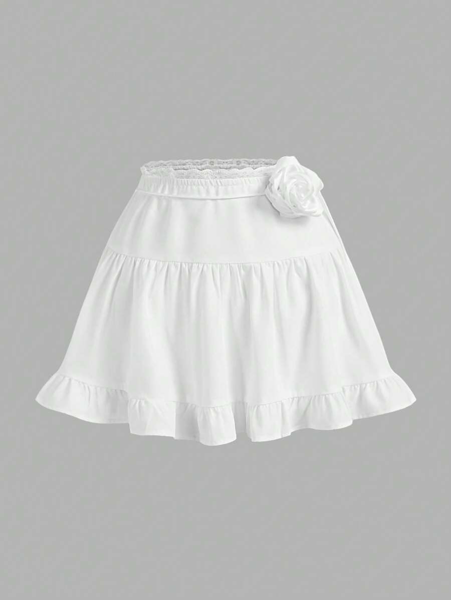 SHEIN MOD Women's White Ruffled Hem Short Skirt With Belt, Boho Skirt, Holiday, Casual Skirt, Holidays Skirt, Vacation Hippie Casual Bohemian Skirt, Spring&Summer Skirt,Concert,Western Wear