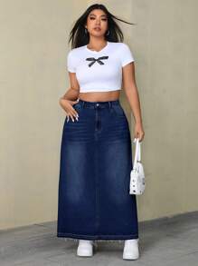 SHEIN ICON 大码蓝色牛仔长裙，带口袋，休闲时尚，夏季 - 深色水洗藍 - 查看 3