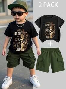 SHEIN 夏季男童时尚字母狮头印花短袖上衣 + 工装短裤两件套，时尚休闲出游男童套装男童两件套西装套装男童裤子青少年男童 - 彩色 - 查看 1