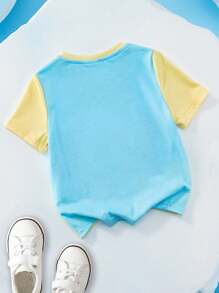 SEALOOK X SHEIN 小男孩卡通海豹图案撞色短袖T恤，夏季海滩