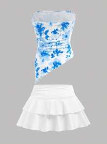Girlism 女童花卉印花紧身胸衣短款上衣，带褶边和多层可爱迷你裙，两件套 - 淺藍色 - 查看 2