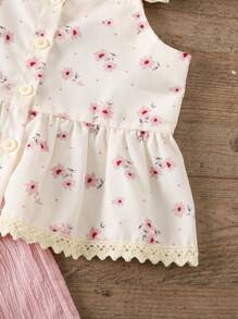 SHEIN Genkimix Kids Bộ 2 áo yếm ren in hoa cho bé gái và quần dài cạp chun - Hồng - Xem 6