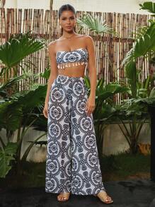 Swim Oasis Women All-Over Print Swimwear Set, Vacation Casual Swimsuit For Summer