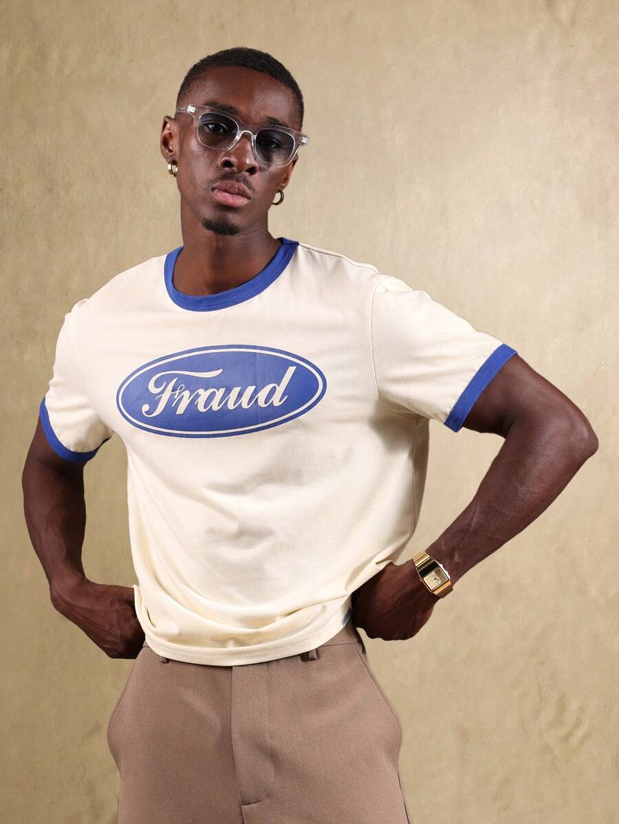 SUMWON 复古 Ringer 学院风格模仿标志印花休闲夏季 Ringer T 恤街头时尚酷炫图案 T 恤服饰经典版型 - 杏色 - 查看 1