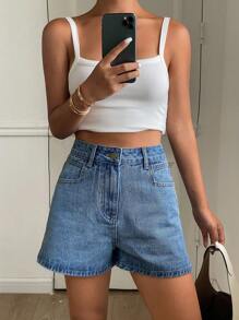 Livesso 女士高腰侧开衩复古牛仔短裤，夏季牛仔短裤 - 藍色 - 查看 4