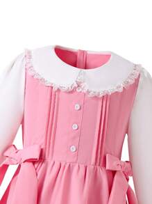 Tween Girl Ruffle Collar 2 In 1 Pleated Bowknot Long Dress Fall Winter - Pink - View 6