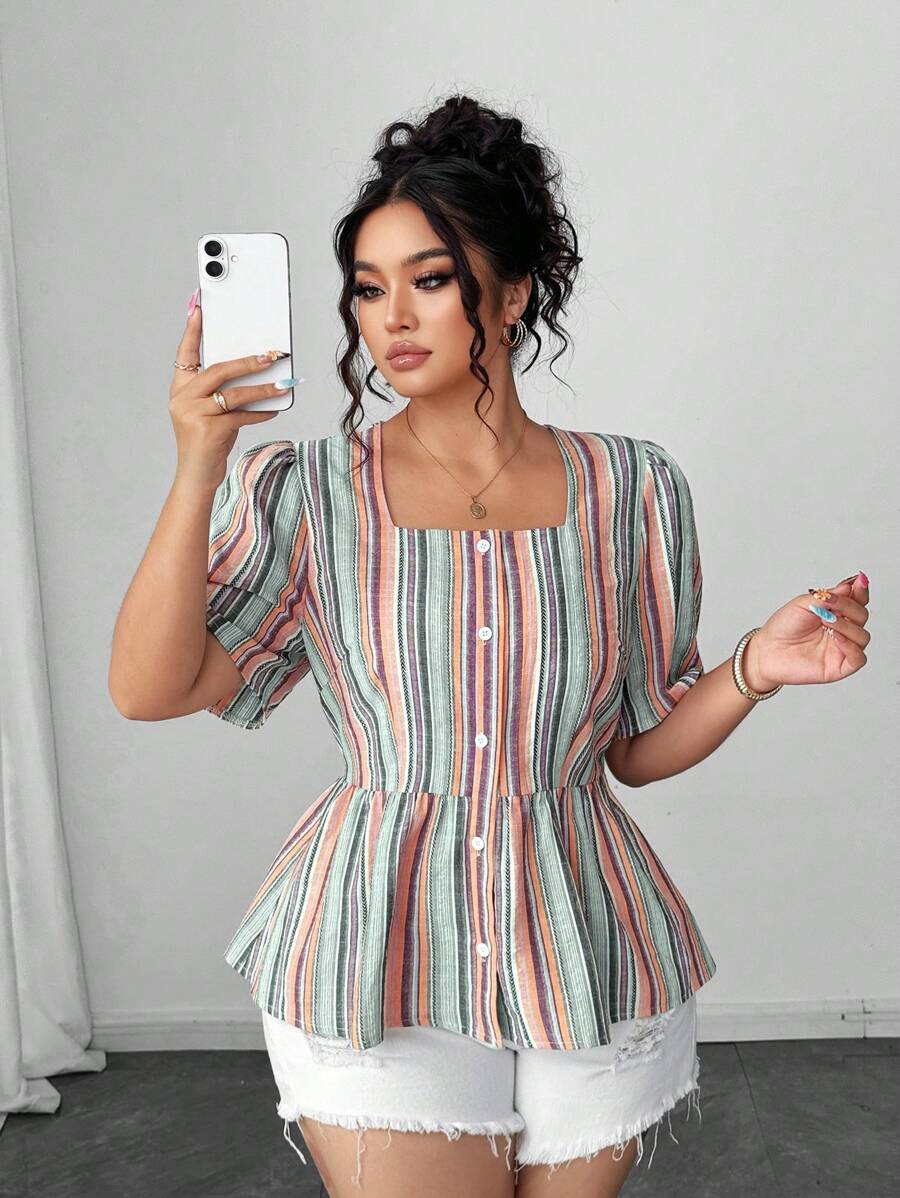 Elenzga 加大码条纹纹理面料收腰 A 字形设计衬衫 女士夏季服装 夏季服装 女士服装 女士上衣 优雅女士夏季衬衫 女士加大码服装 女士加大码服装 商务休闲女士上衣 女士衬衫 优雅女士衬衫 - 彩色 - 查看 1