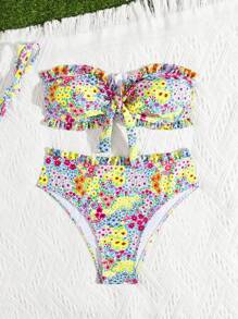 Swim Mod 女士碎花吊带比基尼套装，可拆卸肩带，蝴蝶结装饰，适合海滩、度假、夏季 - 彩色 - 查看 7