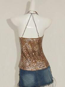 SHEIN ICON Y2k 颈部闪光棕色吊带西部复古波西米亚乡村音乐会派对娃娃装飘逸亮片吊带露背性感吊带背心夏季 - 棕色 - 查看 1