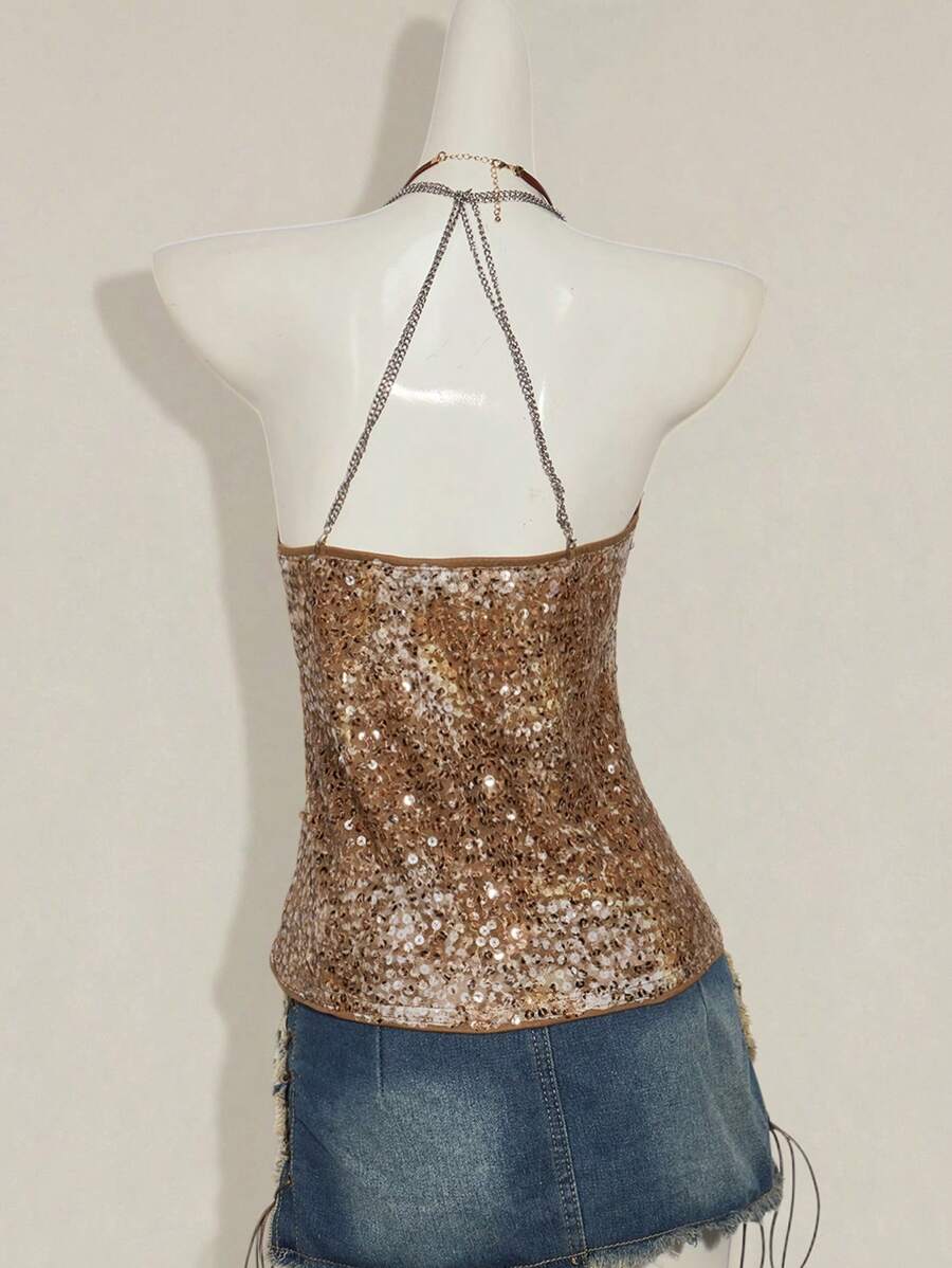 SHEIN ICON Y2k 颈部闪光棕色吊带西部复古波西米亚乡村音乐会派对娃娃装飘逸亮片吊带露背性感吊带背心夏季 - 棕色 - 查看 1