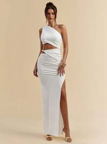 SHEIN BAE 白色不对称肩部褶皱修身镂空高开衩长裙，海滩度假白裙，波西米亚风连衣裙，春夏 - 白色 - 查看 3