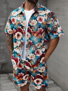 Manfinity LEGND Conjunto de camisa de manga corta monocromática y pantalones cortos de talla grande para hombre - Multicolor - Ver 1