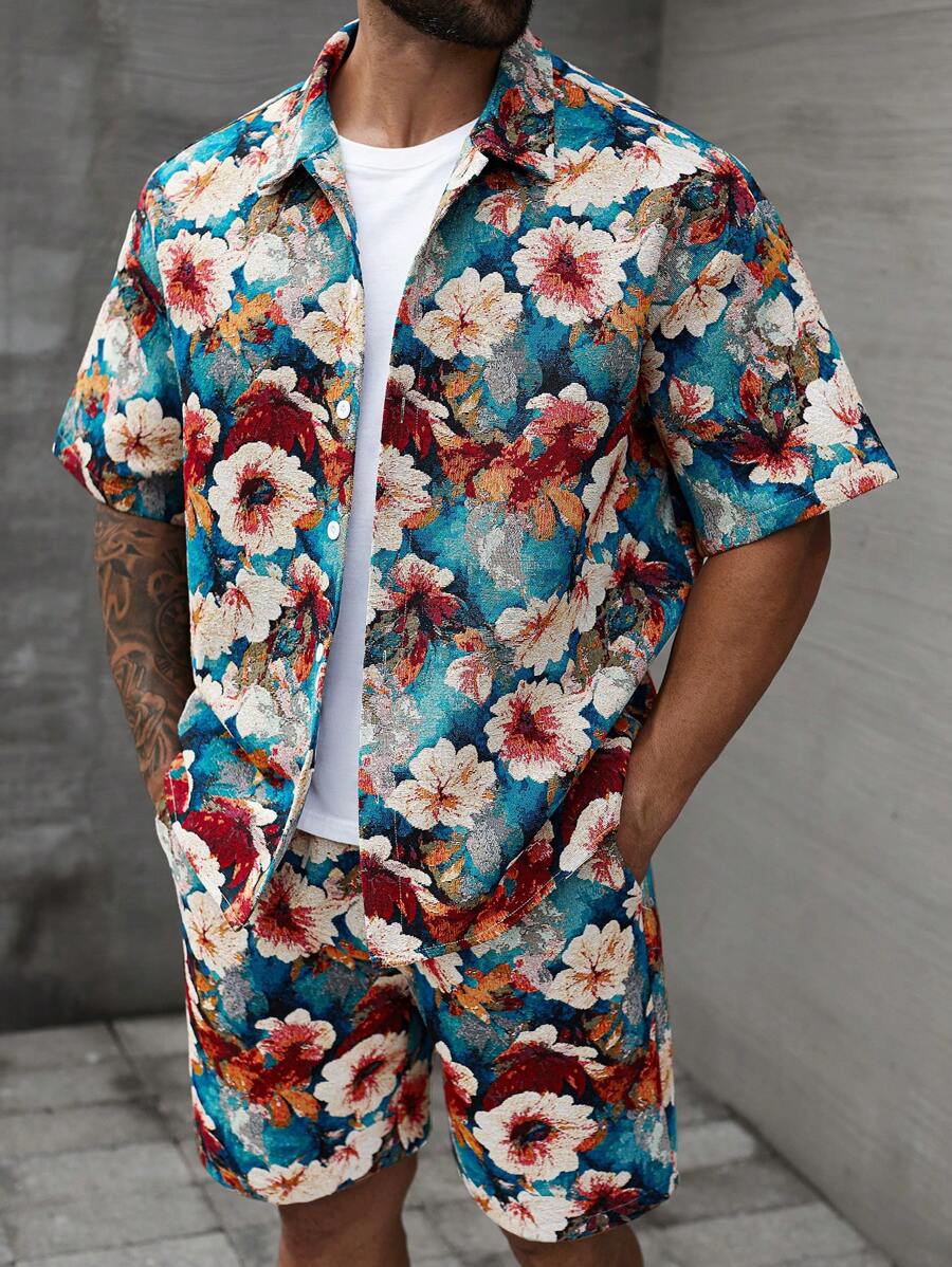 Manfinity LEGND Conjunto de camisa de manga corta monocromática y pantalones cortos de talla grande para hombre - Multicolor - Ver 1