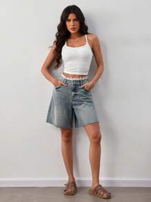 SHEIN Tall Damen Lässig Ultra Tief Sitzende Jeans Shorts, Blaue Hochtaillierte Bermuda Jeans Shorts mit Spitzenband, Country Konzert Flughafen - Mittele Waschung - Übersicht 6