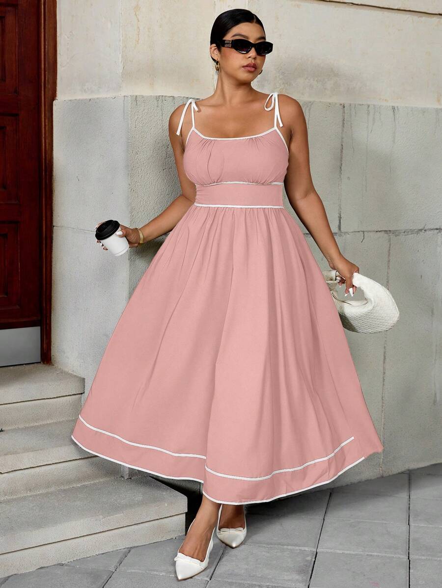 Breezaya 大码女式优雅编织无袖绿色连衣裙，带白色饰边，适合约会穿着 - 藕粉色 - 查看 1