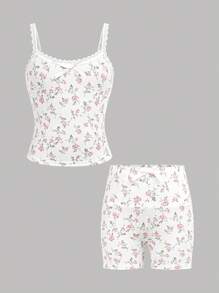 SHEIN Girlism Tween Girl Casual Home Lace Trim Ribbon Bow Ditsy Floral Camisole And Fitted Short Set - Pink - View 1