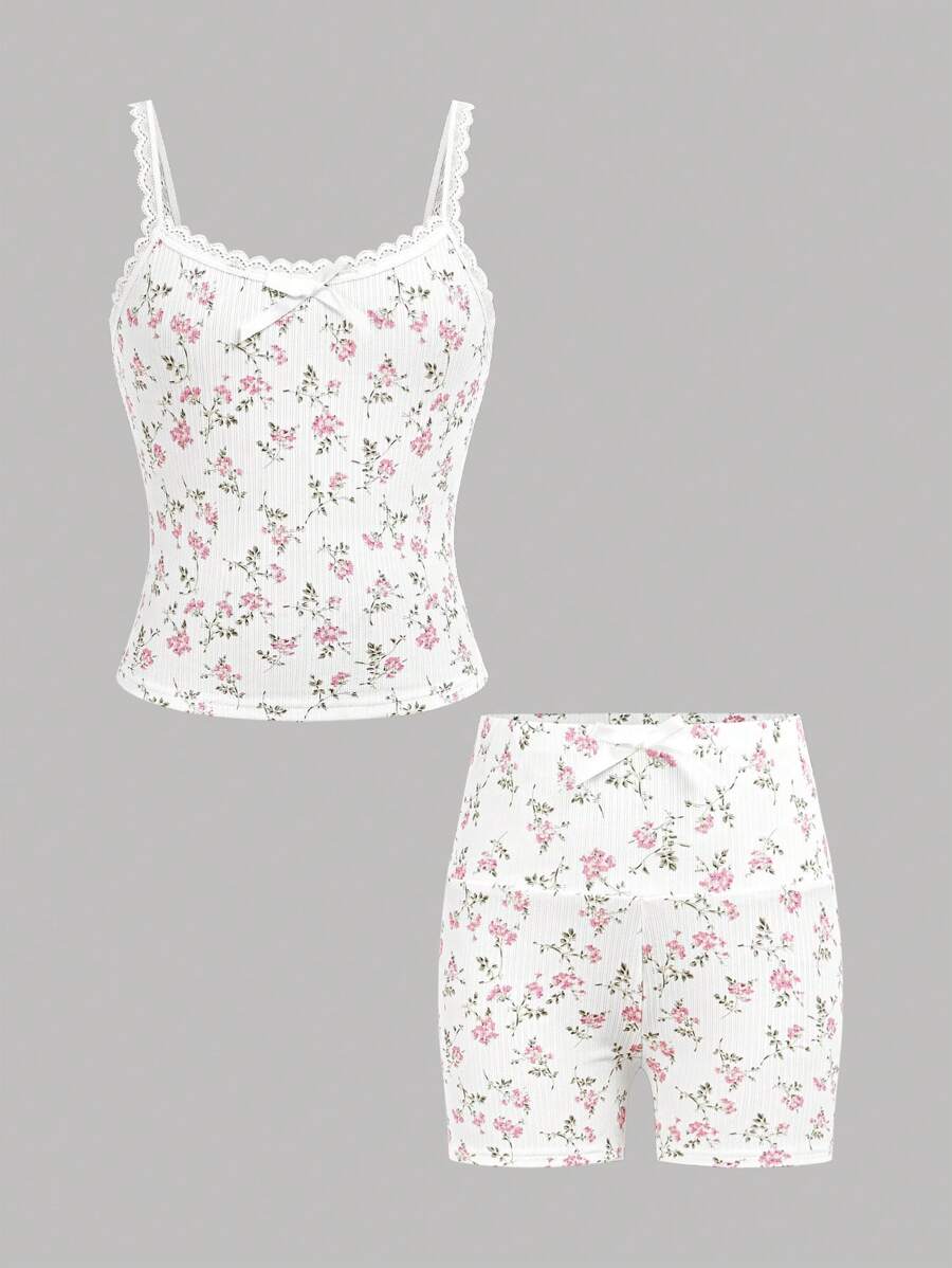 SHEIN Girlism Tween Girl Casual Home Lace Trim Ribbon Bow Ditsy Floral Camisole And Fitted Short Set - Pink - View 1