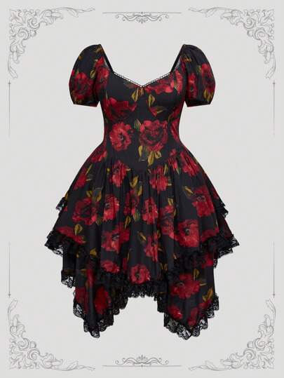 ROMWE Avant Plus Size Floral Print Asymmetrical Hem Puff Sleeve Summer Vacation Dress