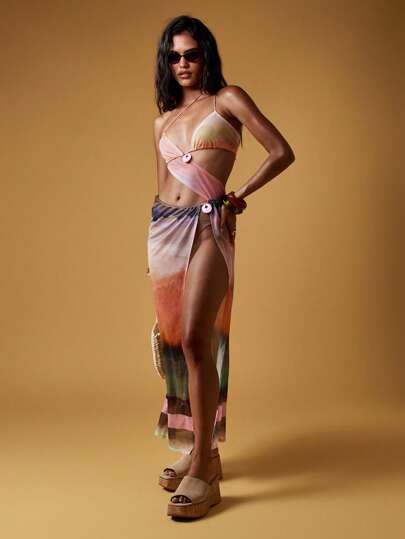 MISSGUIDED Beach Cover Up Maxi Wrap Dress Resort Wear Tie Dye Print Sun Protection Side Slit Summer Vacation Swimsuit Cover Up Sarong