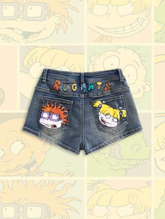 Nick 90's X ROMWE Shorts de mezclilla casuales con decoración de bolsillo con personajes de dibujos animados para mujeres