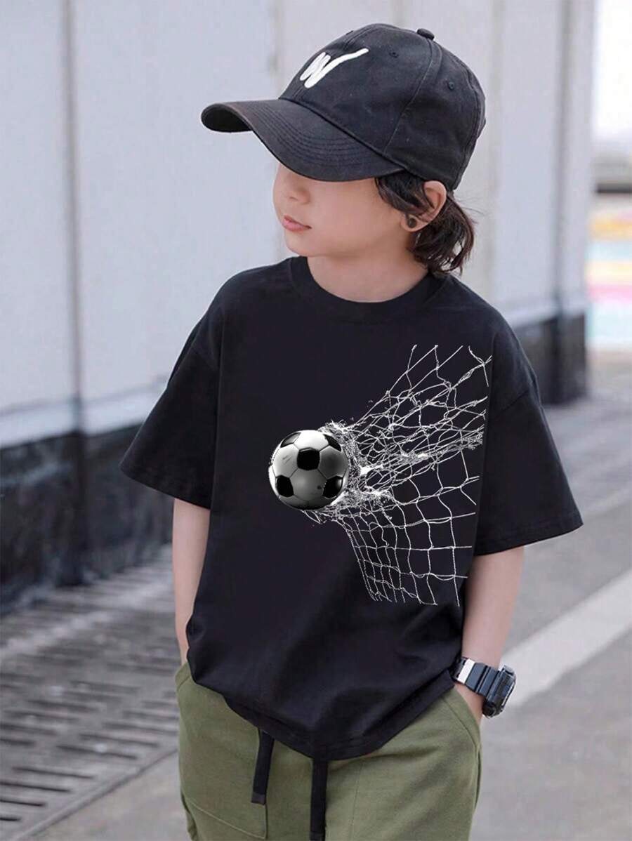 SHEIN 青少年男孩休闲创意撕破足球图案基本款短袖T恤 - 黑色 - 查看 1