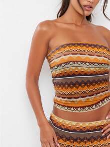 INAWLY 2pcs Women Vacation Casual Striped Bandeau Top And Mini Skirt Set - Orange - View 3