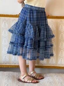 DAZY 年轻女孩松紧腰格子网纱时尚可爱韩版中长裙女童夏装 - 藍色 - 查看 5