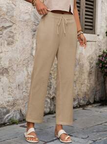 EMERY ROSE Pantalones largos casuales de unicolor con cordón y bolsillo, para verano - Caqui - Ver 3