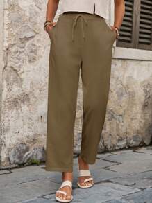 EMERY ROSE Women's Solid Color Casual Pants,Fall Women Clothes - Khaki - View 6