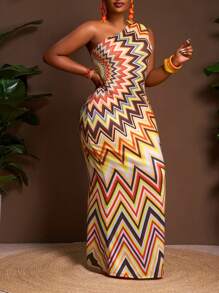 Slaydiva 2025 新款春夏女装加大码复古西部度假/热带度假/音乐节/俱乐部/公路旅行/度假/休闲/城市度假/毕业典礼/优雅度假长裙 - 修身渐变色彩色波浪单肩不对称和 A 字廓形 - 彩色 - 查看 4