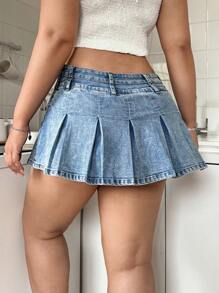 SHEIN ICON Váy Mini Denim Đen Cỡ Lớn, Eo Thấp, Ôm Vừa, Xếp Ly - Rửa nhẹ - Xem 2