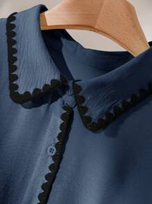 CosyJoli 大码休闲撞色纯色短袖衬衫，夏季时尚 - 藍色 - 查看 3