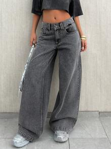 EURMUSE 高腰阔腿牛仔长裤 - 灰色 - 查看 1
