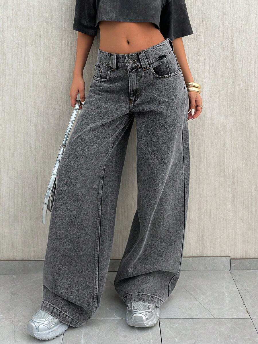 EURMUSE 高腰阔腿牛仔长裤 - 灰色 - 查看 1