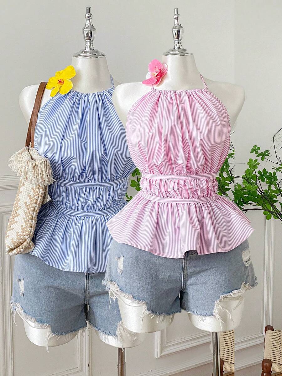 Comfortcana Plus Size Women Striped Ruffle Detail Halter Neck Casual Tank Top - Blue and White - View 1