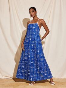 VALERIA GALIPOLI 印花肩带撞色绑带 A 字形露背中长连衣裙夏季女士度假装 - 彩色 - 查看 3