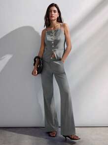 SHEIN Maija Conjunto de traje elegante de chaleco de un solo abotonado y pantalones de unicolor para mujer - Gris - Ver 3