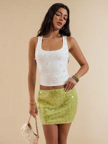 SHEIN BAE Women's Summer Island Holiday Italian Style Rhinestone Decor Square Neck Fitted Tank Top/Holiday White Tank Top - White - View 4