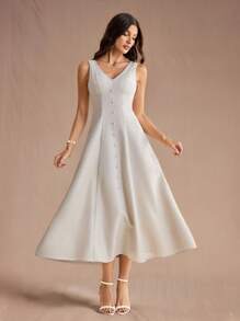 SHEIN Tall Vestido de lino sin mangas y cintura acampanado para mujer, primavera/verano - Caqui - Ver 1