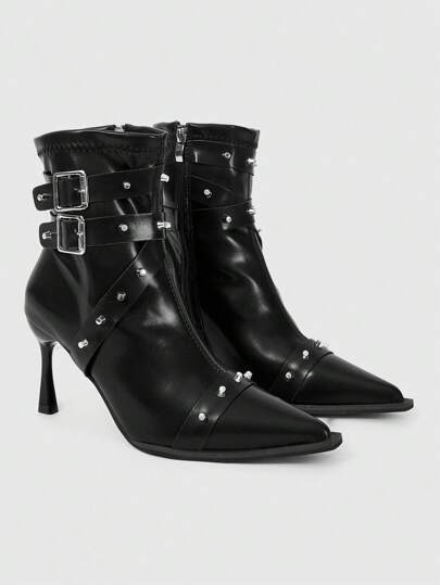 Grunge Punk Women's Black Closed Toe High Heel Shoes - Gothic, Punk Rock, Formal, Work Pumps With Thin Stiletto Heel And Buckle Strap, Sexy Party And Dress Shoes, Halloween
