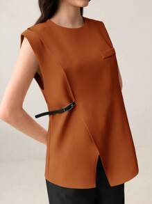 BizChic Camisa de mujer 2025 Verano Nuevo Cuello Redondo Marrón Mangas Cortas Bajo Asimétrico Decorado con Botones y Cinturilla, Vestimenta Casual de Oficina Elegante para Vacaciones de Playa, Boda, Festival de Música, Brunch, Aeropuerto, Estilo Vintage 90s Escandinavo Americana