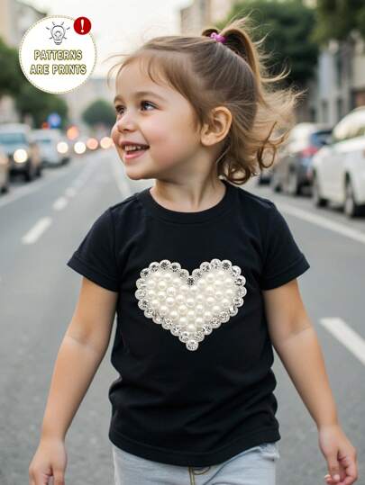 SHEIN 少女3D珍珠心形印花圆领短袖黑色T恤