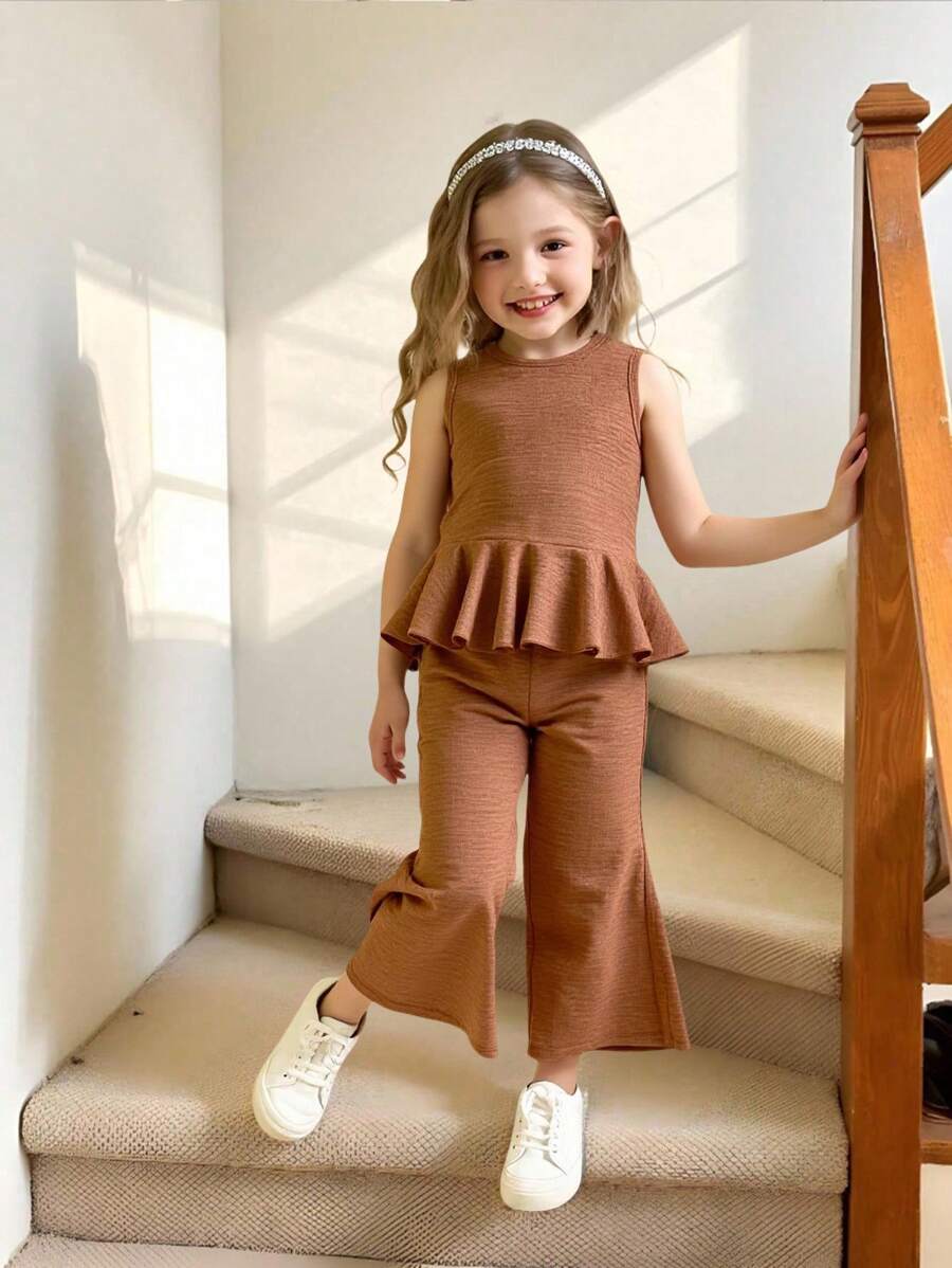 2 件套年轻女孩度假海滩休闲荷叶边无袖衬衫 + 阔腿裤套装，蓝色姐妹装，秋季服装 - 咖啡棕 - 查看 1