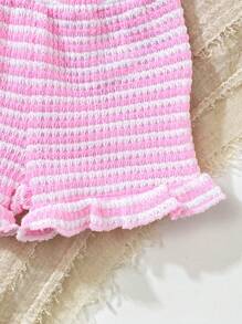 SHEIN Playful Pals 2pcs/Set Baby Girl Infant/Toddler Spring/Summer Casual Daily Vacation Textured Knit Black & White Striped Ruffle Sleeve Crew Neck T-Shirt And Shorts Set, 0-3 Years - Multicolor - View 6