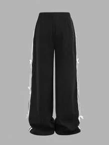 SHEIN Tween Girls Ribbon Bowknot Wide Leg Loose Casual Pants, Black, Versatile & Fashionable For Daily Wear Fall Winter