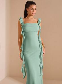 SHEIN BAE Spring/Summer Solid Yellow Ruffled Hem Slim Fit Chiffon Maxi Fishtail Dress, Yellow Dress, Wedding Bridesmaid Party Dress - Mint Green - View 6