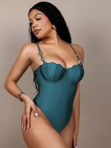 Swim SXY Women's New Solid Color Shell Shaped Swimsuit With Adjustable Strap, Sexy Elegant Resort Minimalist One-Piece For Summer Beach Vacation - Green - View 3