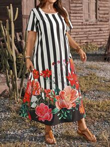 Breezaya Plus Size Round Neck Striped Floral Print Short Sleeve Dress